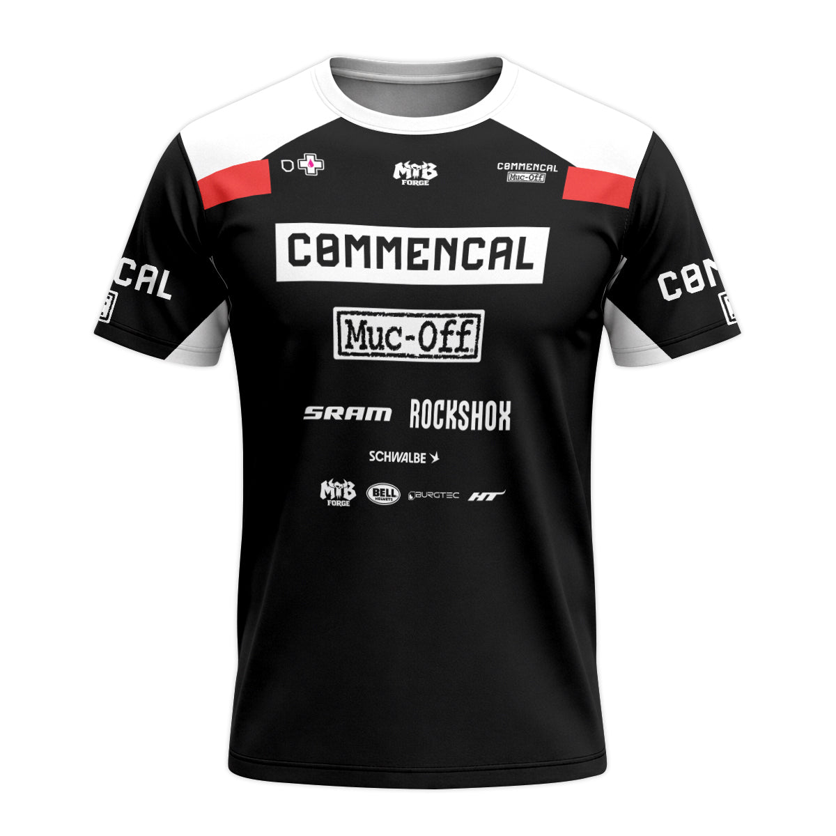 Commencal Muc-Off Black Red Downhill Short Sleeve Mountain Bike Jersey – Front View Mockup