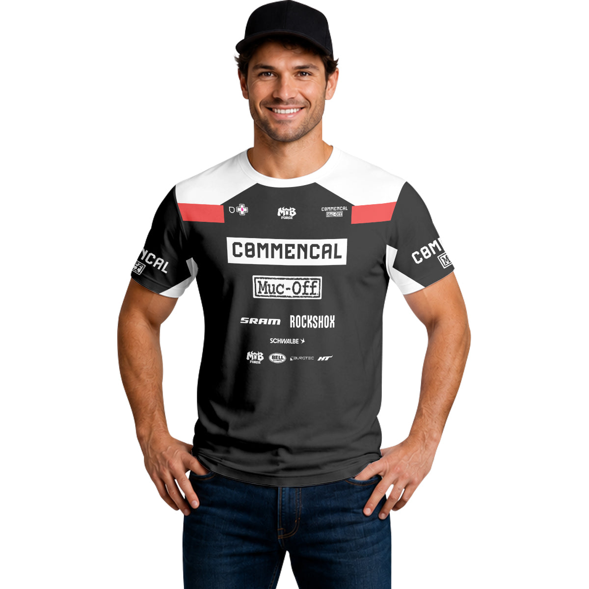 Commencal Muc-Off Black Red Downhill Short Sleeve Mountain Bike Jersey – Lifestyle View