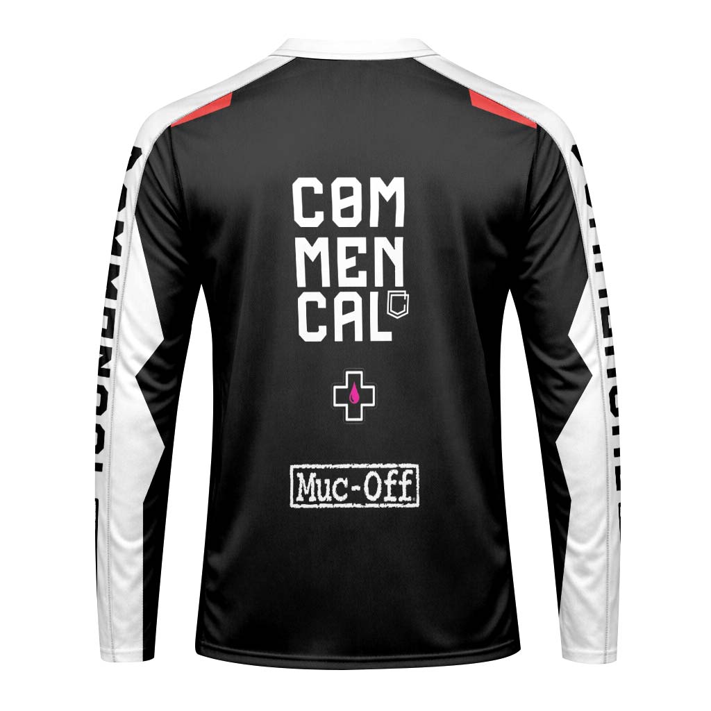 Commencal Muc-Off Black Red Downhill Youth Long Sleeve Mountain Bike Jersey – Back View Mockup