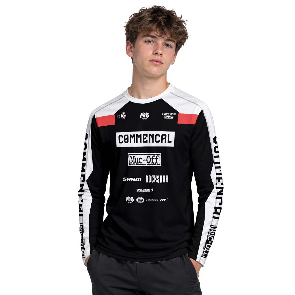 Commencal Muc-Off Black Red Downhill Youth Long Sleeve Mountain Bike Jersey – Boy Lifestyle View