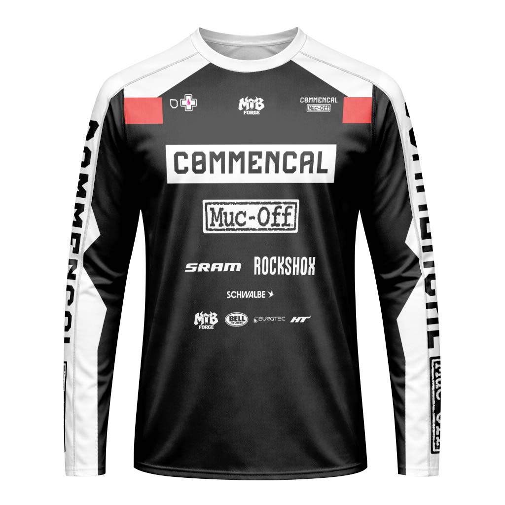 Commencal Muc-Off Black Red Downhill Youth Long Sleeve Mountain Bike Jersey – Front View Mockup