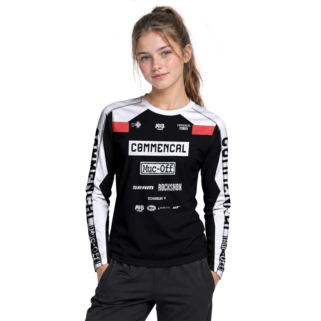 Commencal Muc-Off Black Red Downhill Youth Long Sleeve Mountain Bike Jersey – Girl Lifestyle View