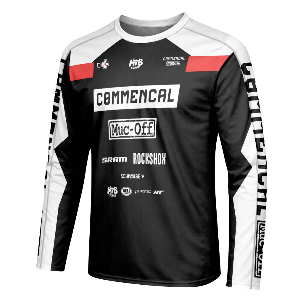 Commencal Muc-Off Black Red Downhill Youth Long Sleeve Mountain Bike Jersey – Left Side View Mockup