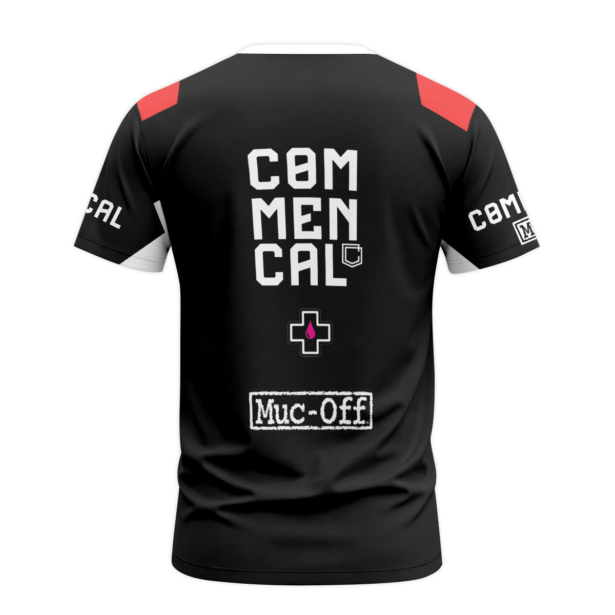 Commencal Muc-Off Black Red Downhill Youth Short Sleeve Mountain Bike Jersey – Back View Mockup