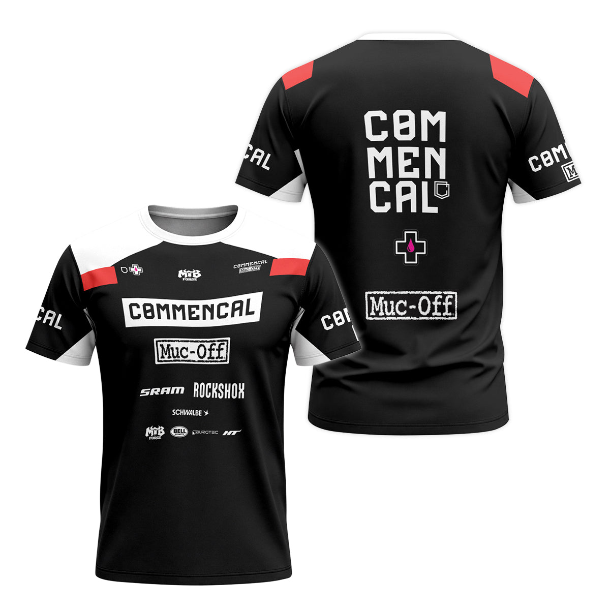 Commencal Muc-Off Black Red Downhill Youth Short Sleeve Mountain Bike Jersey – Front and Back View