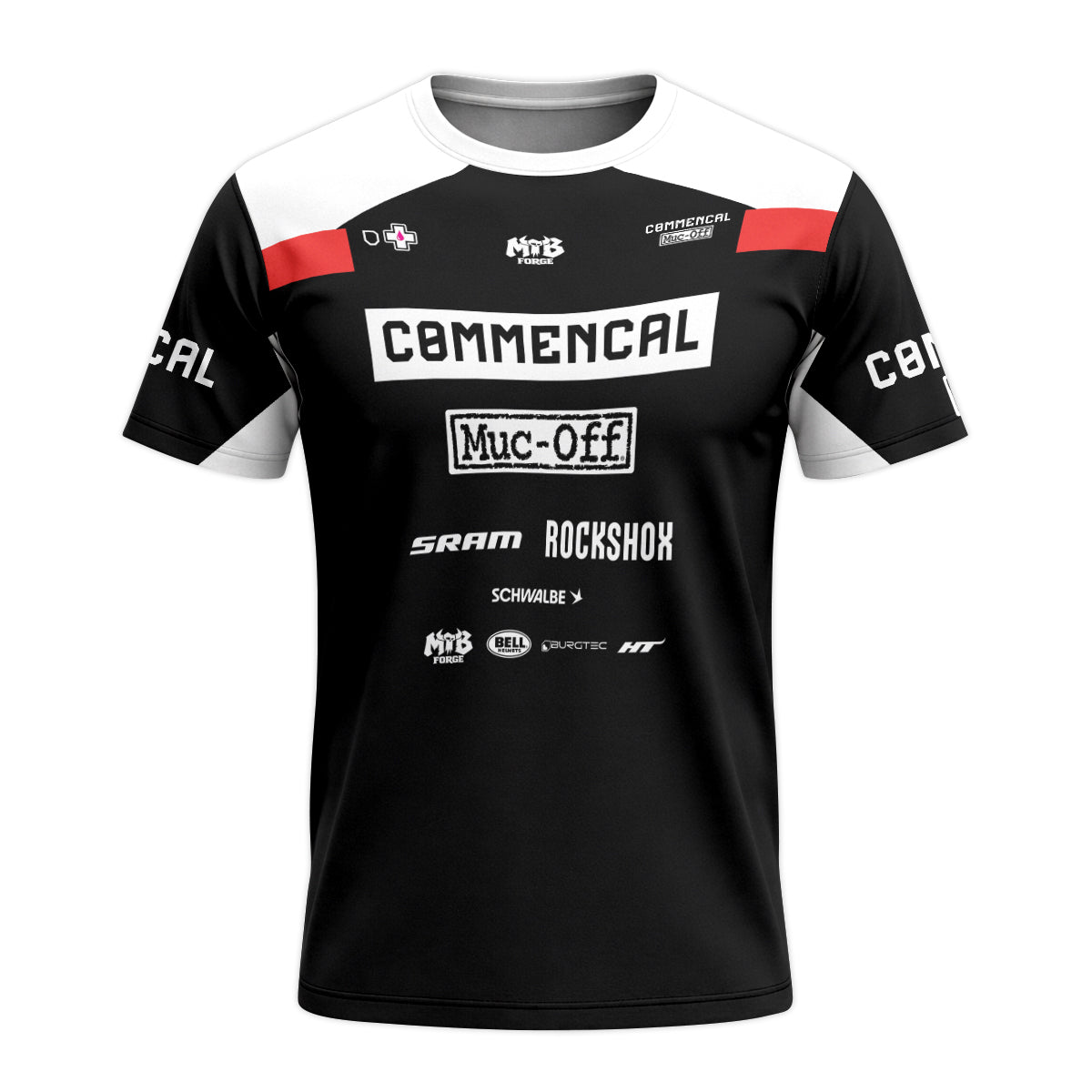 Commencal Muc-Off Black Red Downhill Youth Short Sleeve Mountain Bike Jersey – Front View Mockup