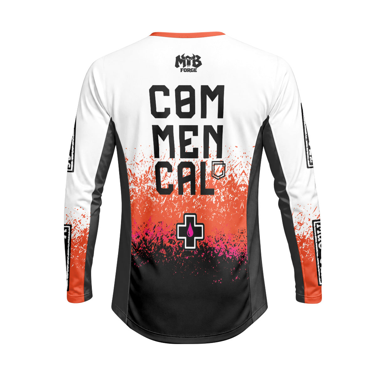 Commencal Muc-Off White Orange Black Heavyweight Long Sleeve Mountain Bike Jersey – Back View Mockup