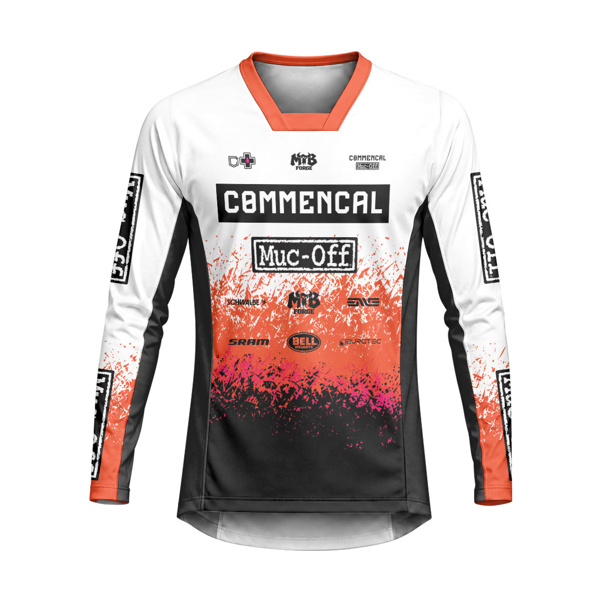 Commencal Muc-Off White Orange Black Heavyweight Long Sleeve Mountain Bike Jersey – Front View Mockup