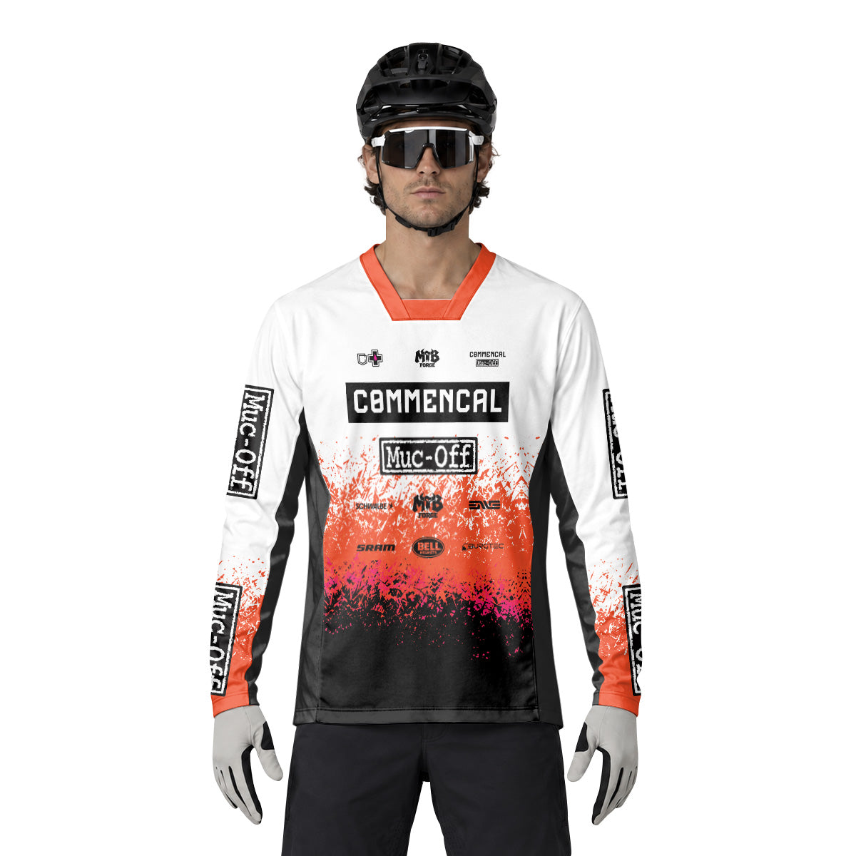 Commencal Muc-Off White Orange Black Heavyweight Long Sleeve Mountain Bike Jersey – Lifestyle View
