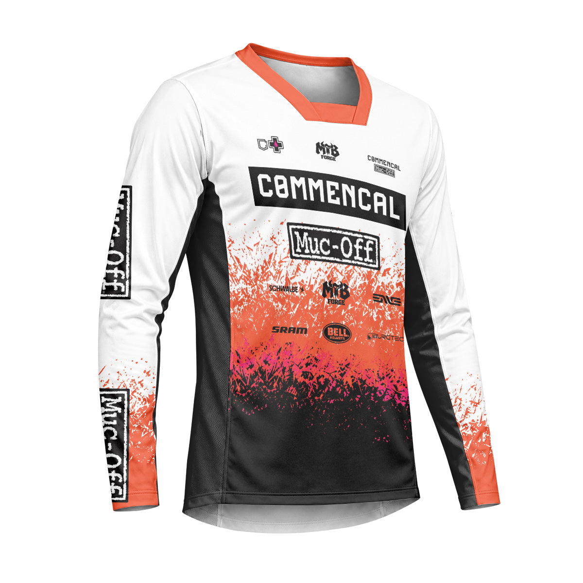 Commencal Muc-Off White Orange Black Heavyweight Long Sleeve Mountain Bike Jersey – Right Side View Mockup