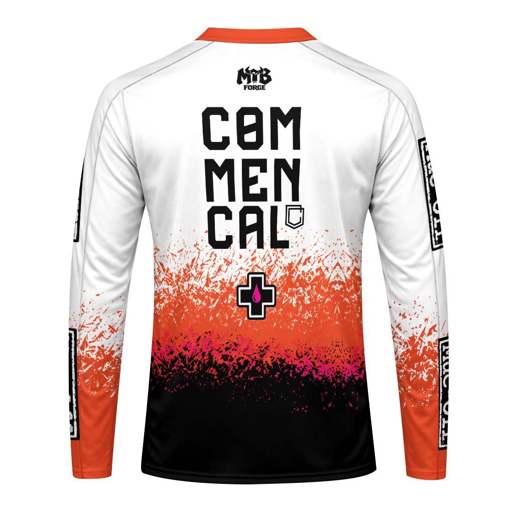 Commencal Muc-Off White Orange Black Long Sleeve Mountain Bike Jersey – Back View Mockup