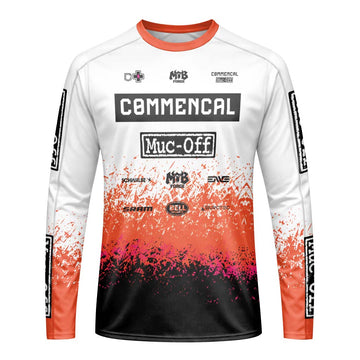 Commencal Muc-Off White Orange Black Long Sleeve Mountain Bike Jersey – Front View Mockup