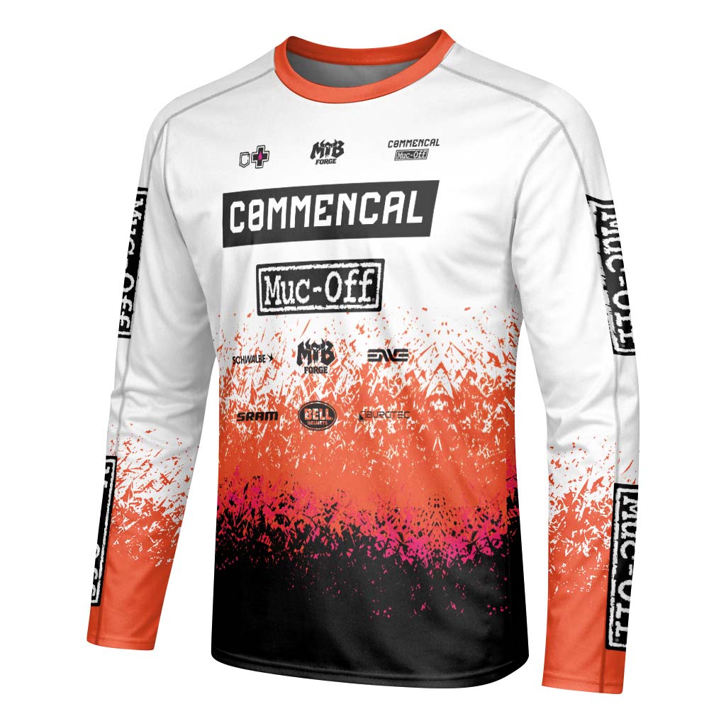Commencal Muc-Off White Orange Black Long Sleeve Mountain Bike Jersey – Left Side View Mockup