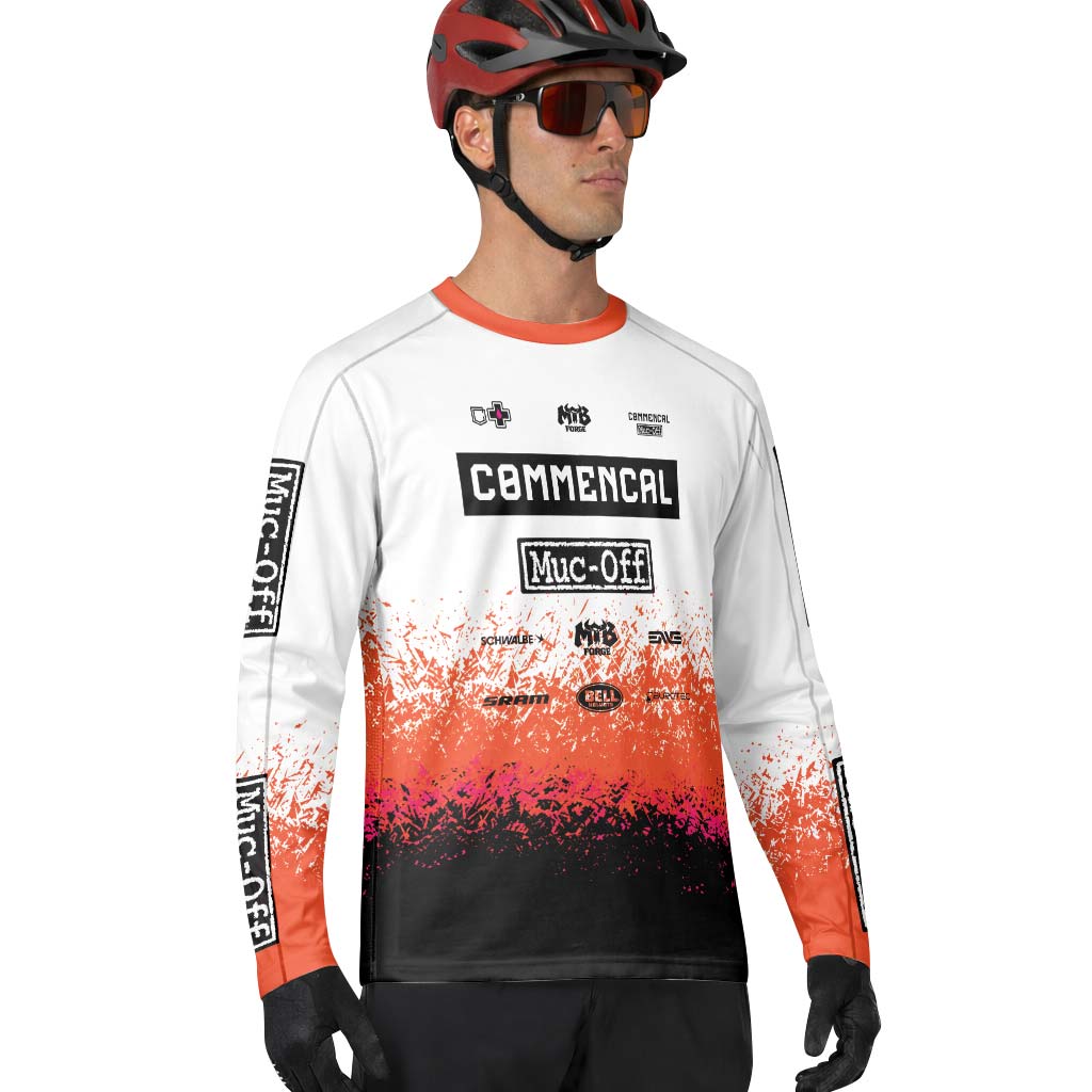 Commencal Muc-Off White Orange Black Long Sleeve Mountain Bike Jersey – Lifestyle View