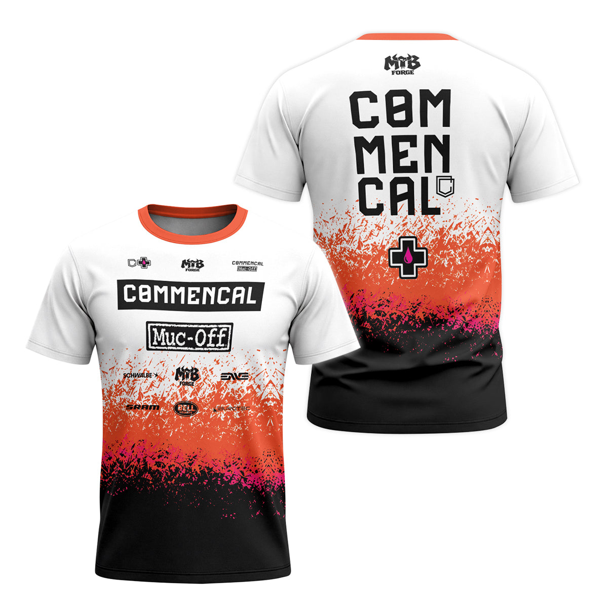 Commencal Muc-Off White Orange Black Short Sleeve Mountain Bike Jersey – Front and Back View
