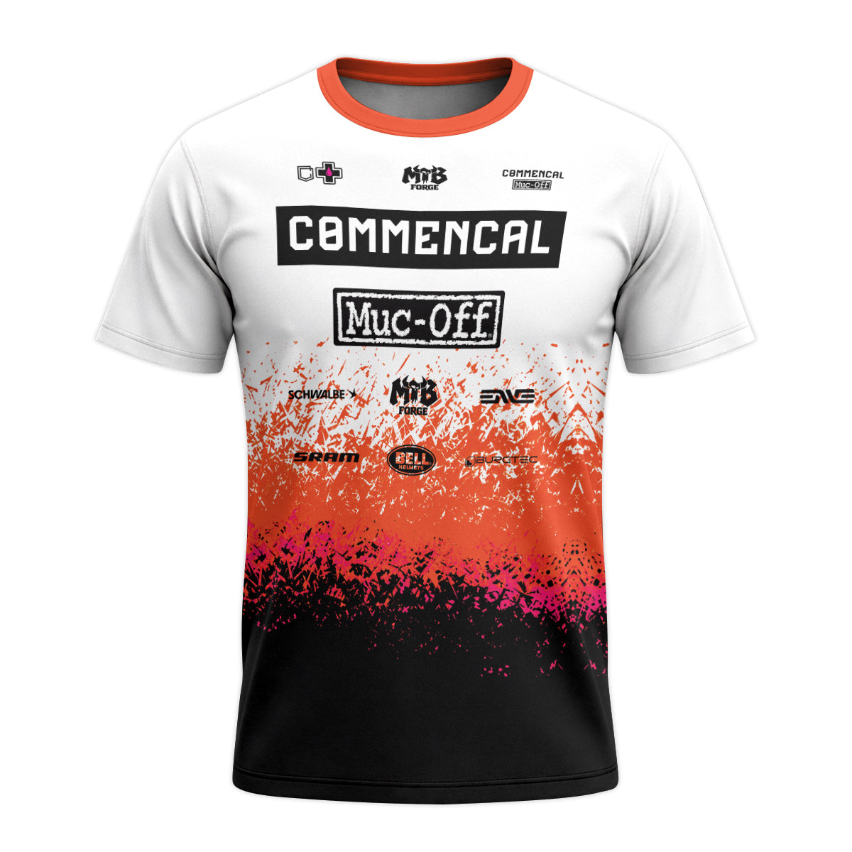Commencal Muc-Off White Orange Black Short Sleeve Mountain Bike Jersey – Front View Mockup