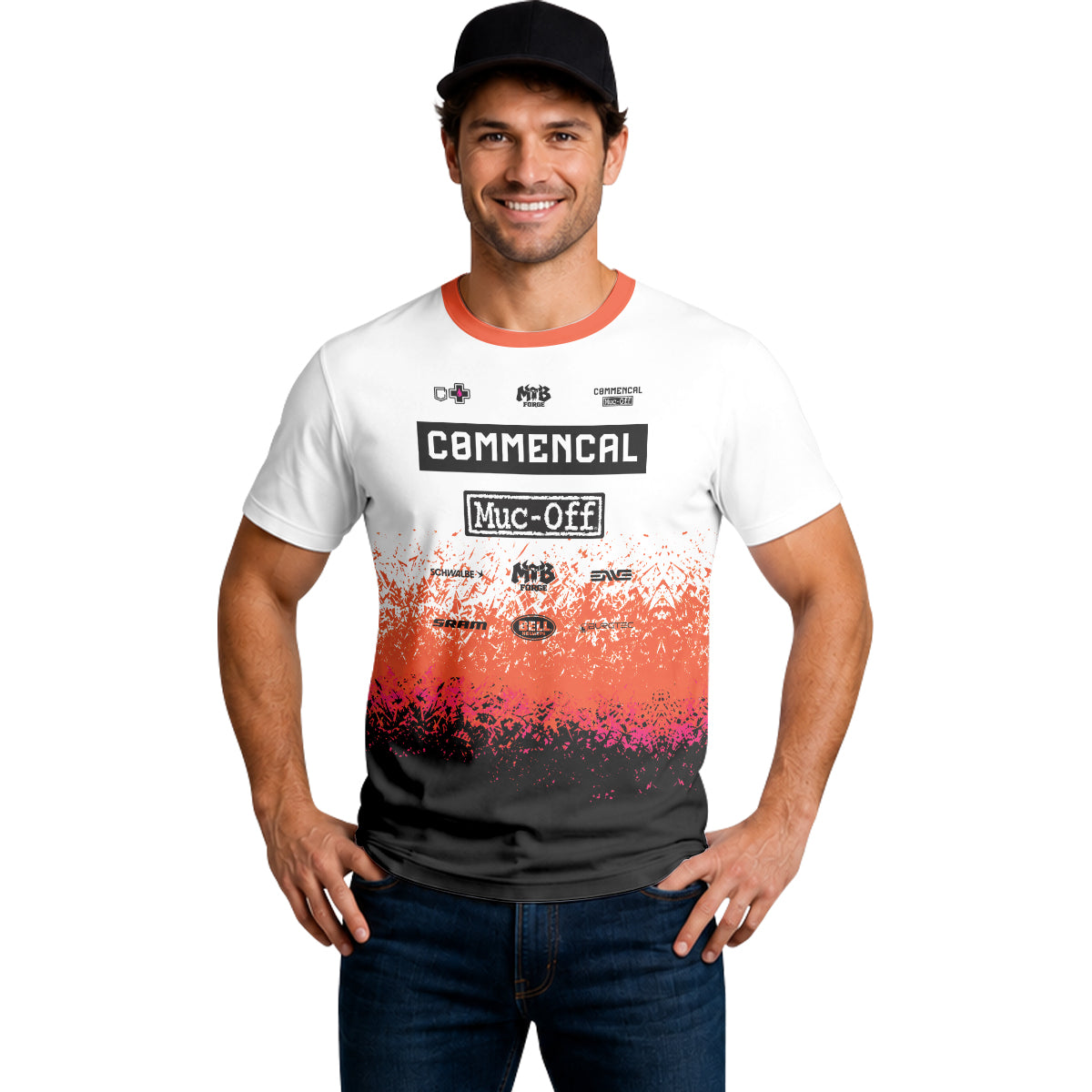 Commencal Muc-Off White Orange Black Short Sleeve Mountain Bike Jersey – Lifestyle View