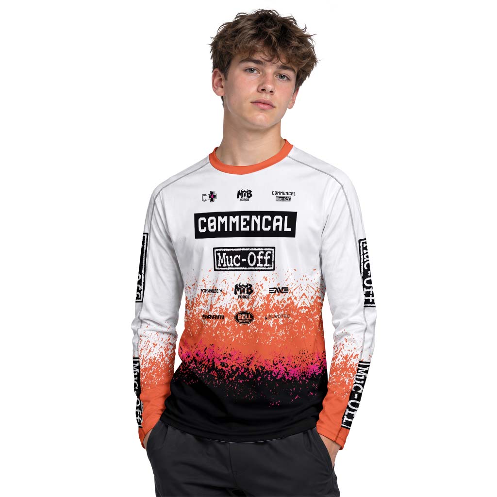 Commencal Muc-Off White Orange Black Youth Long Sleeve Mountain Bike Jersey – Boy Lifestyle View
