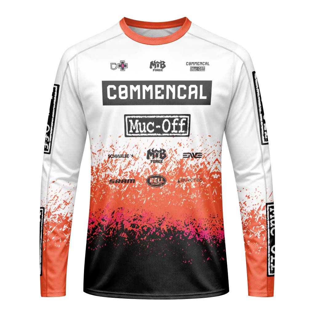 Commencal Muc-Off White Orange Black Youth Long Sleeve Mountain Bike Jersey – Front View Mockup