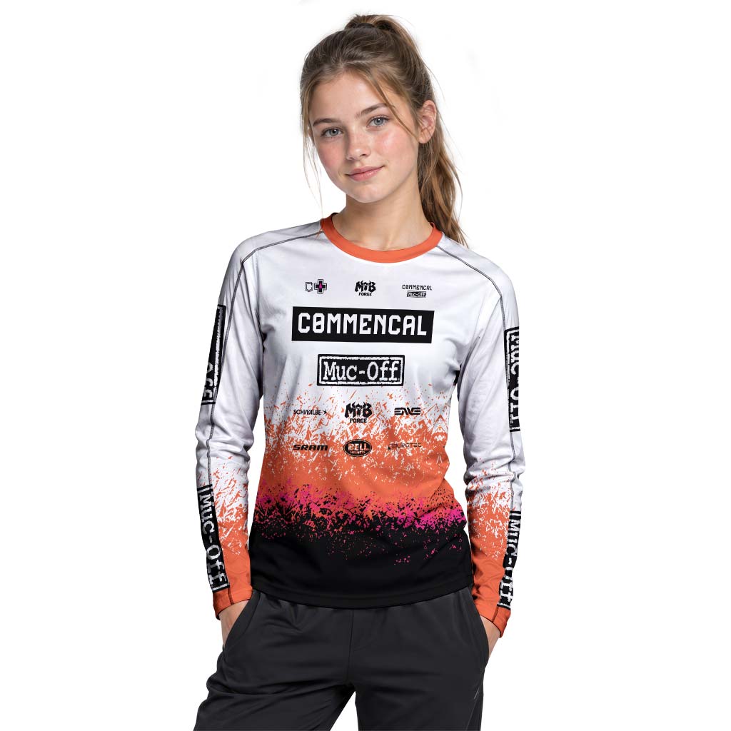 Commencal Muc-Off White Orange Black Youth Long Sleeve Mountain Bike Jersey – Girl Lifestyle View