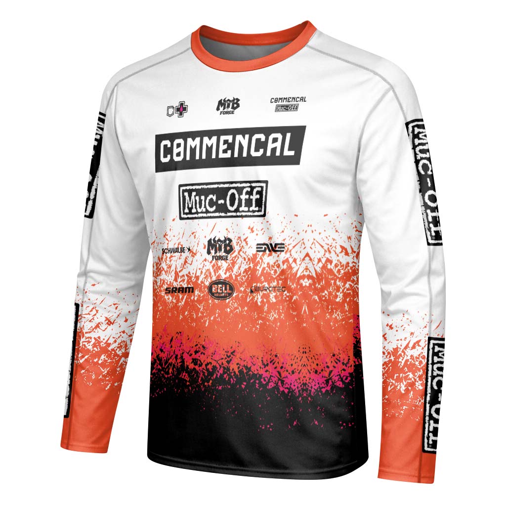 Commencal Muc-Off White Orange Black Youth Long Sleeve Mountain Bike Jersey – Left Side View Mockup