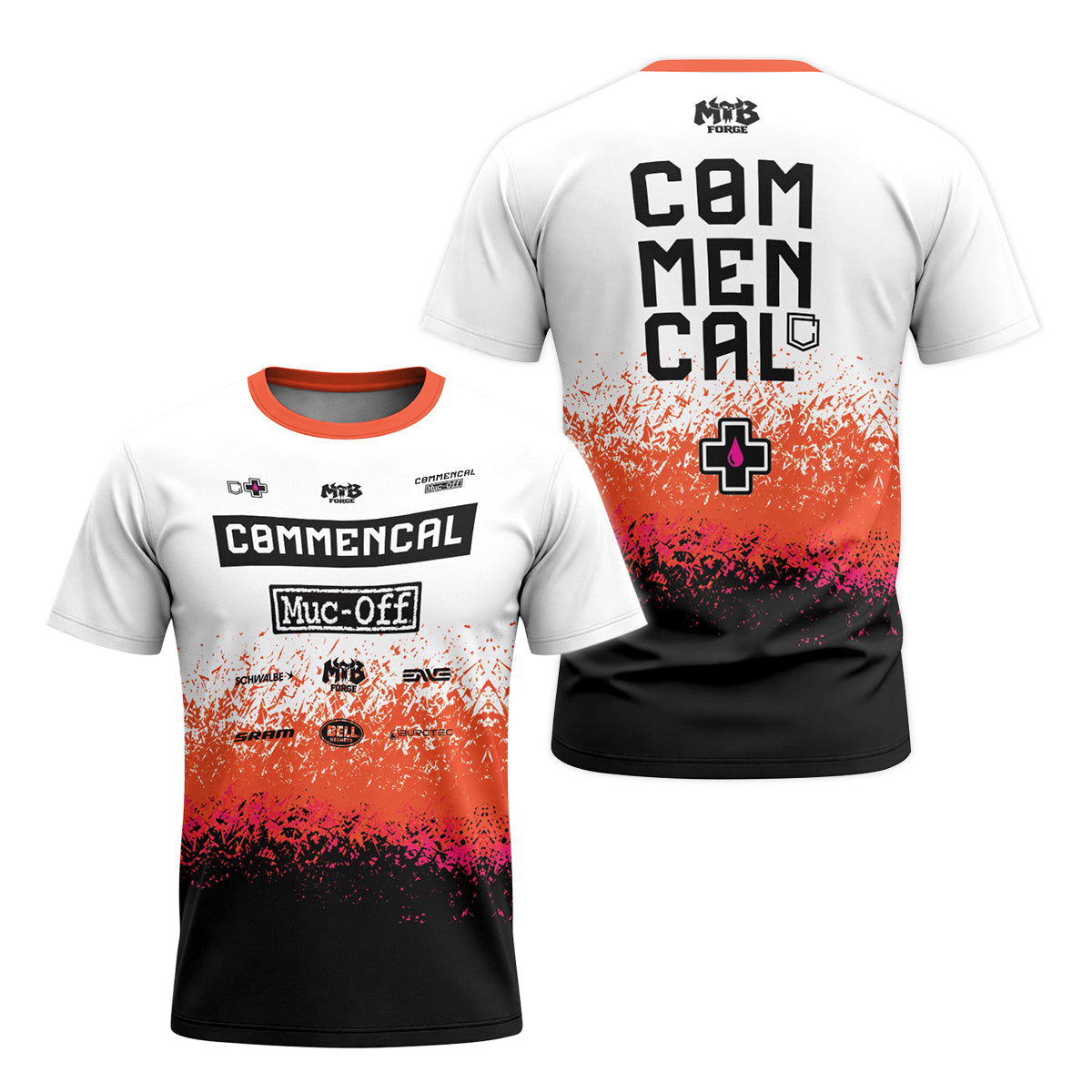 Commencal Muc-Off White Orange Black Youth Short Sleeve Mountain Bike Jersey – Front and Back View