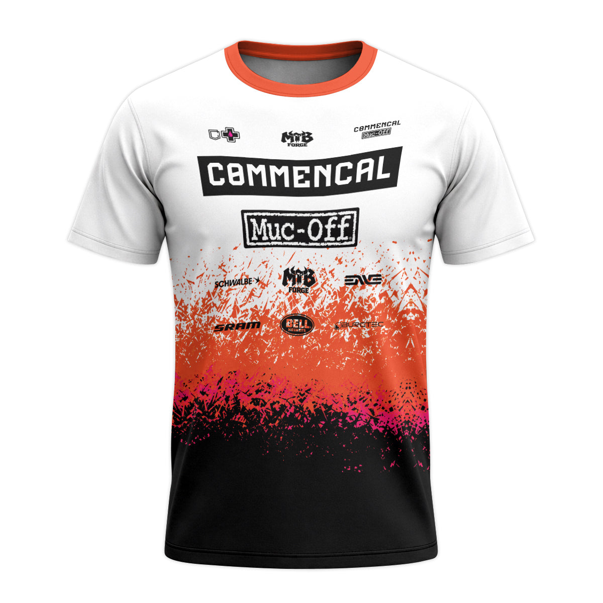 Commencal Muc-Off White Orange Black Youth Short Sleeve Mountain Bike Jersey – Front View Mockup