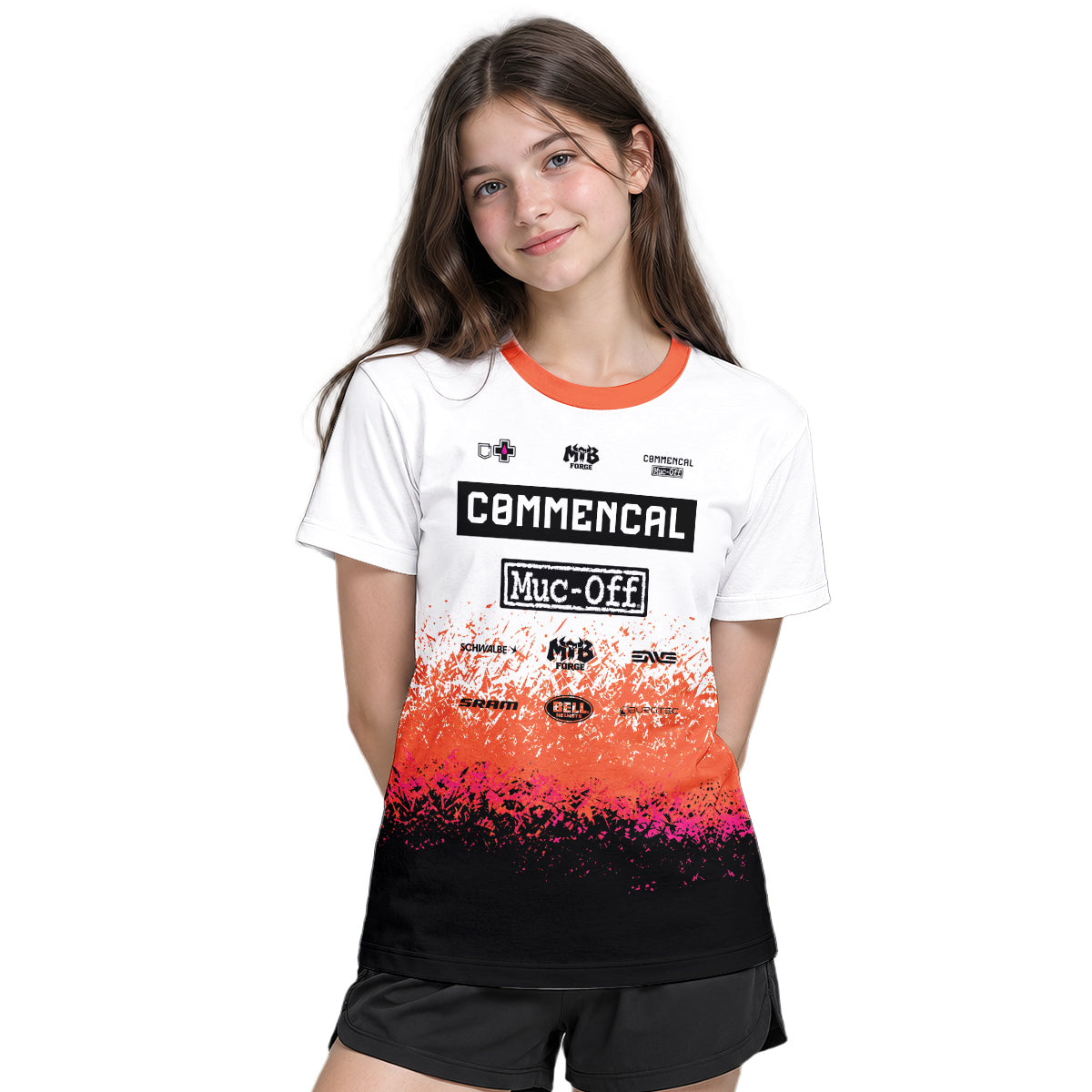 Commencal Muc-Off White Orange Black Youth Short Sleeve Mountain Bike Jersey – Girl Lifestyle View