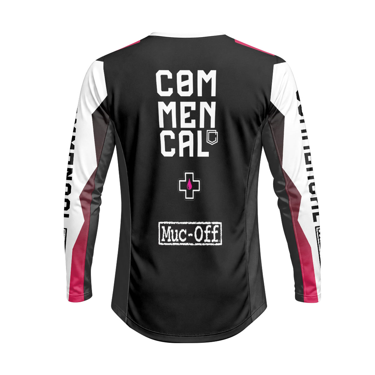 Commencal Muc-Off White Pink Downhill Heavyweight Long Sleeve Mountain Bike Jersey – Back View Mockup
