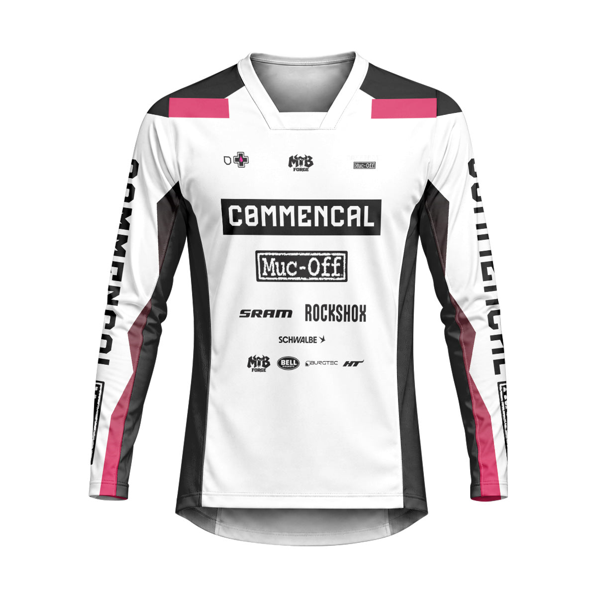 Commencal Muc-Off White Pink Downhill Heavyweight Long Sleeve Mountain Bike Jersey – Front View Mockup
