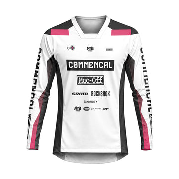 Commencal Muc-Off White Pink Downhill Heavyweight Long Sleeve Mountain Bike Jersey – Front View Mockup