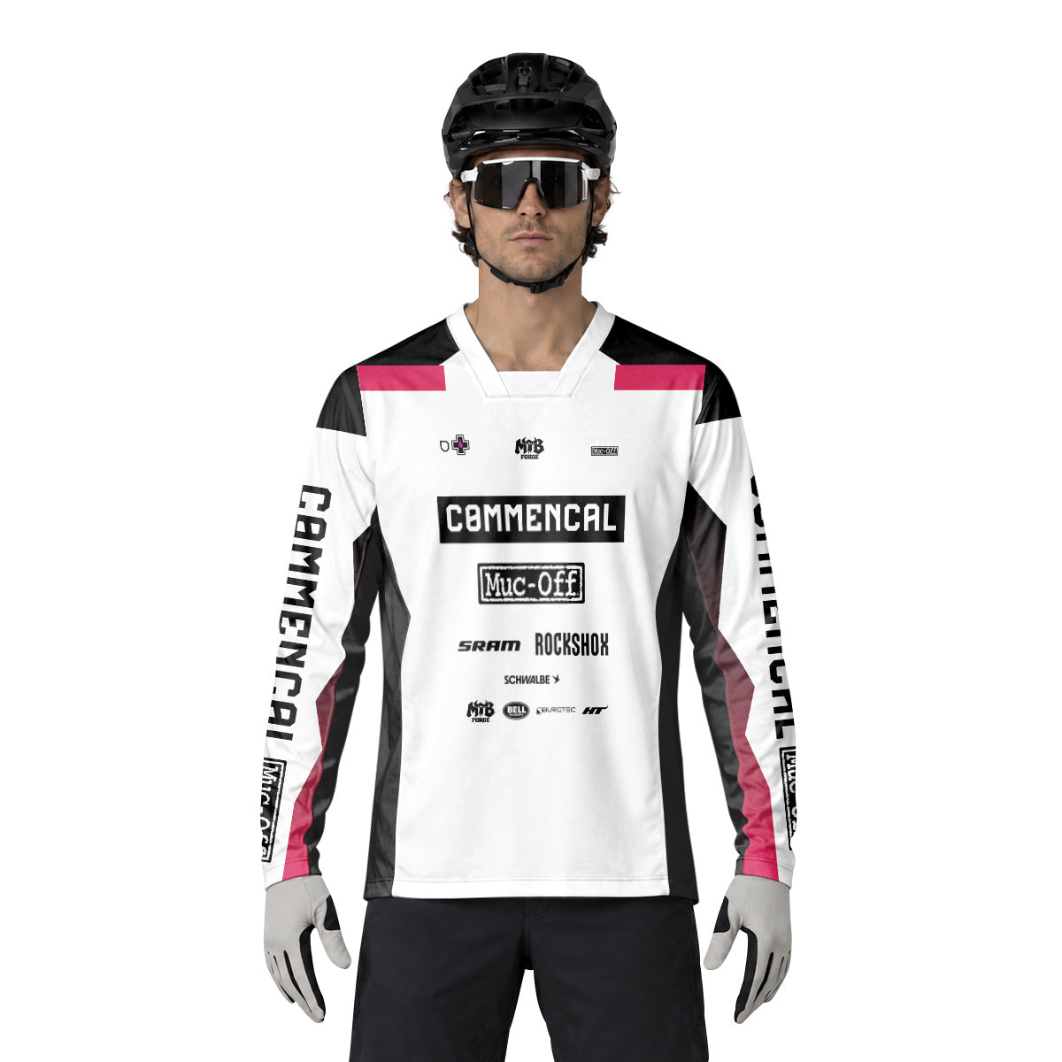 Commencal Muc-Off White Pink Downhill Heavyweight Long Sleeve Mountain Bike Jersey – Lifestyle View