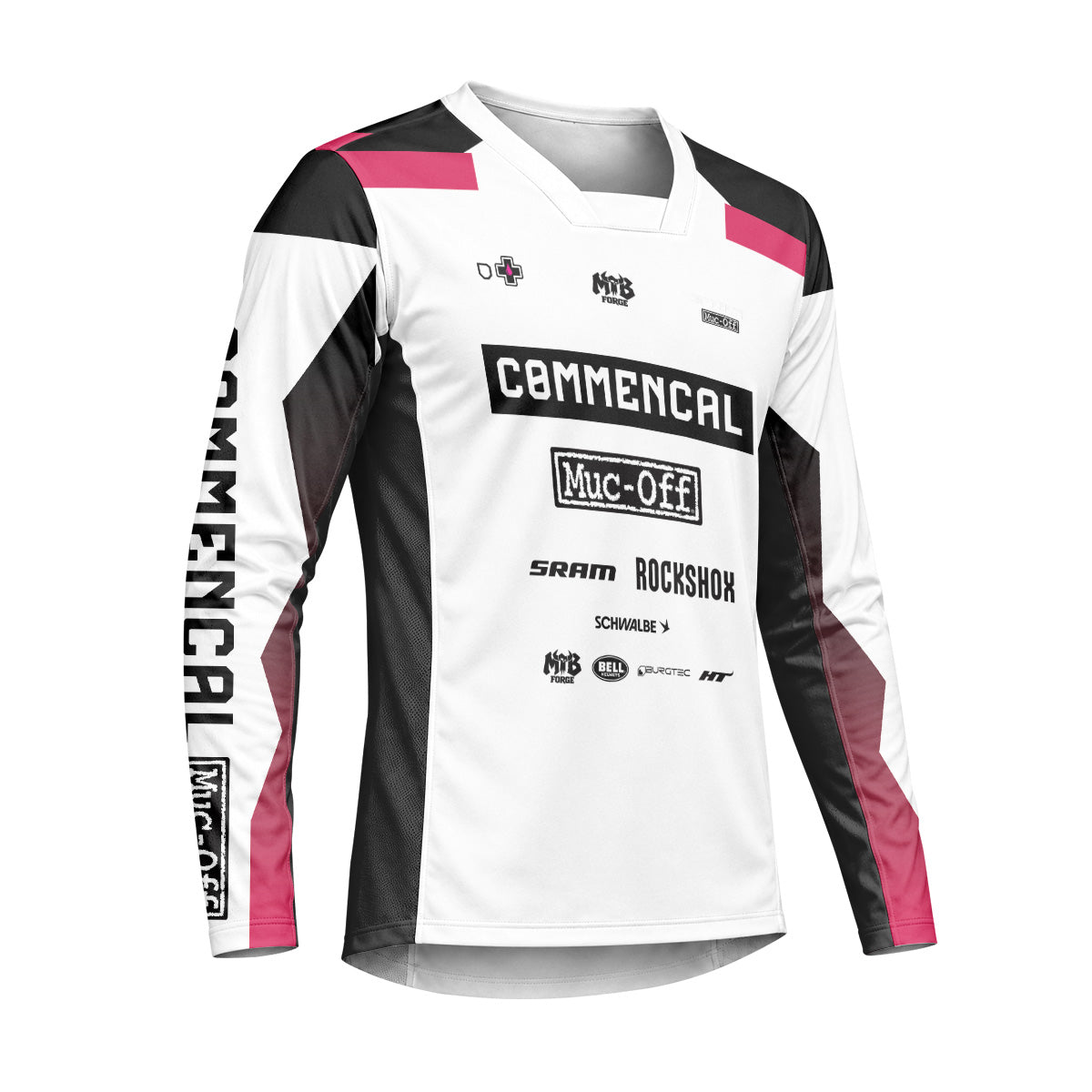 Commencal Muc-Off White Pink Downhill Heavyweight Long Sleeve Mountain Bike Jersey – Right Side View Mockup