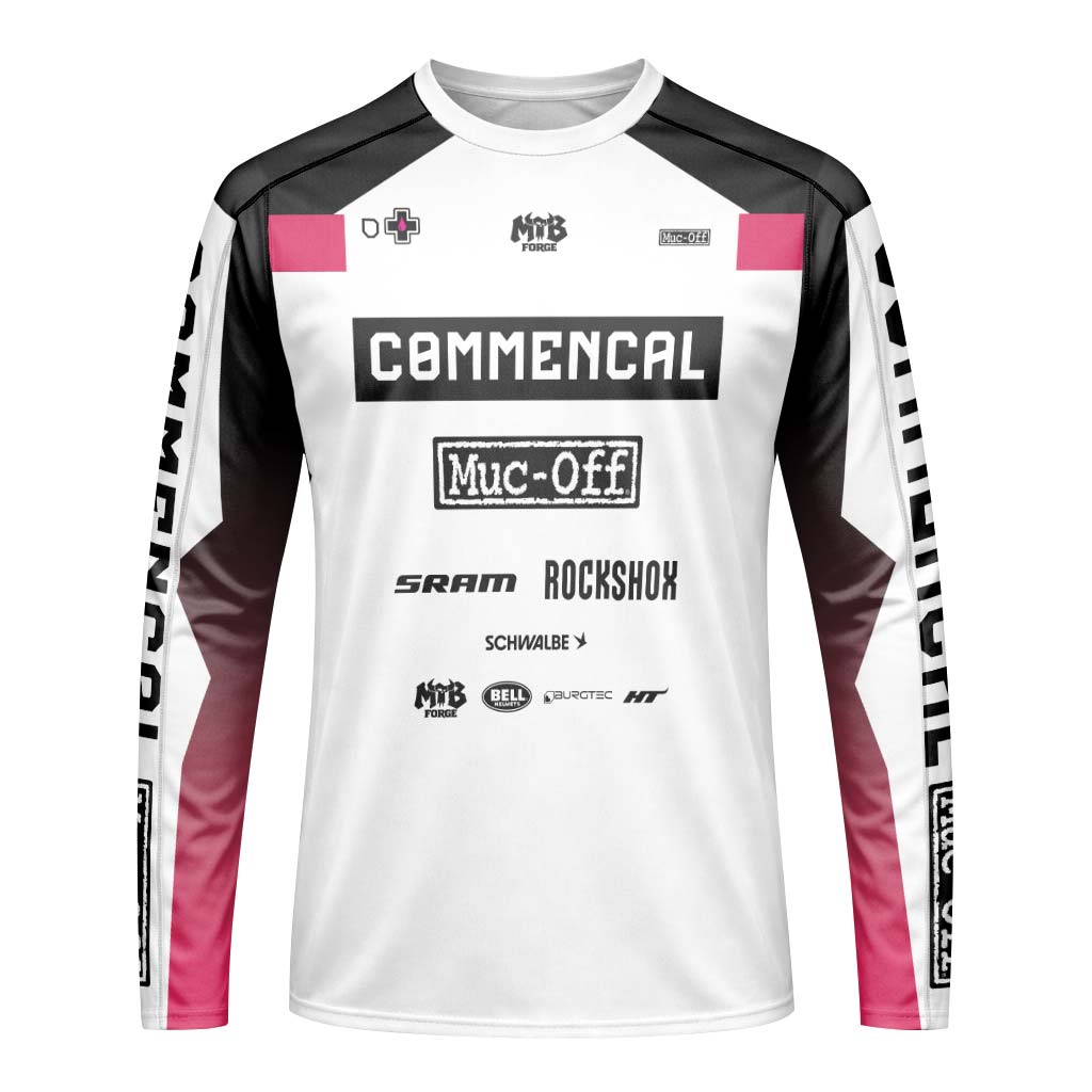 Commencal Muc-Off White Pink Downhill Long Sleeve Mountain Bike Jersey – Front View Mockup