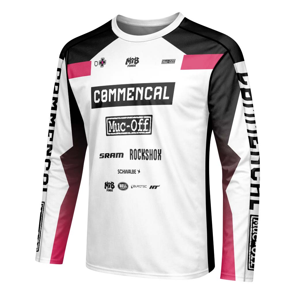 Commencal Muc-Off White Pink Downhill Long Sleeve Mountain Bike Jersey – Left Side View Mockup