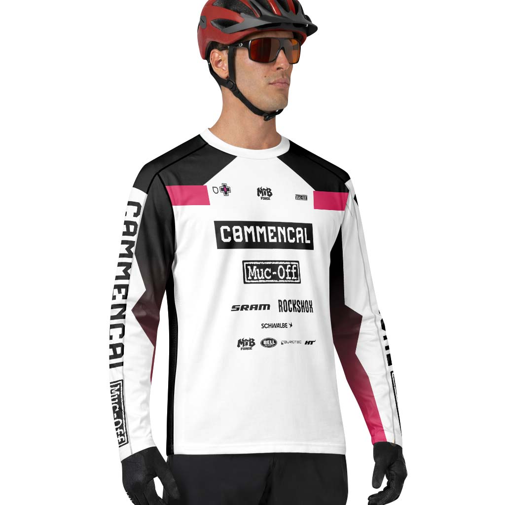 Commencal Muc-Off White Pink Downhill Long Sleeve Mountain Bike Jersey – Lifestyle View