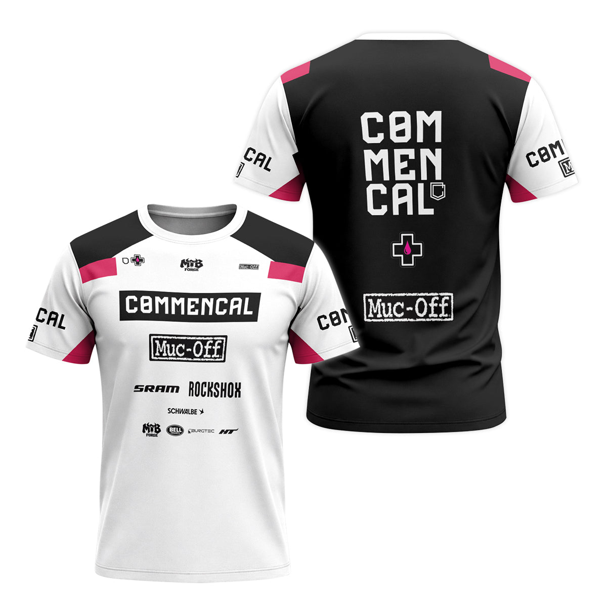 Commencal Muc-Off White Pink Downhill Short Sleeve Mountain Bike Jersey – Front and Back View