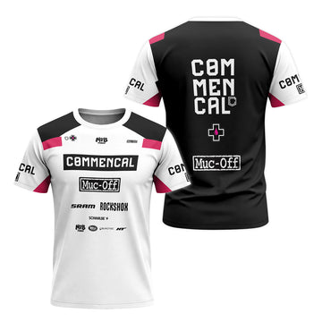 Commencal Muc-Off White Pink Downhill Short Sleeve Mountain Bike Jersey – Front and Back View