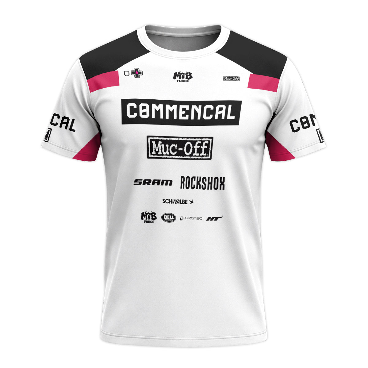 Commencal Muc-Off White Pink Downhill Short Sleeve Mountain Bike Jersey – Front View Mockup