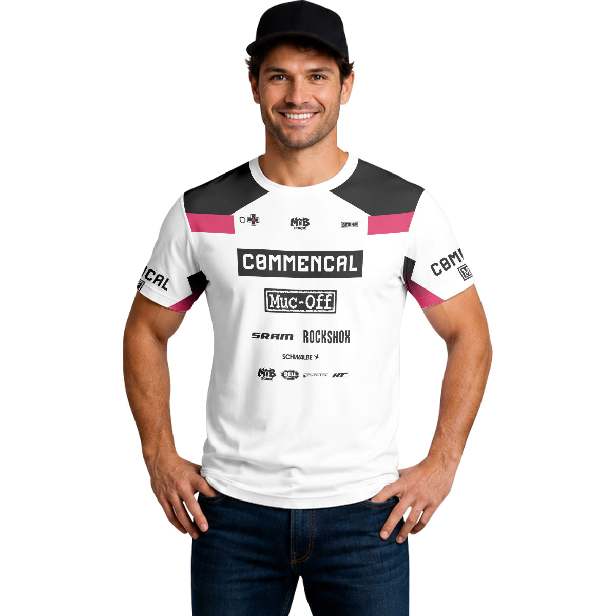 Commencal Muc-Off White Pink Downhill Short Sleeve Mountain Bike Jersey – Lifestyle View