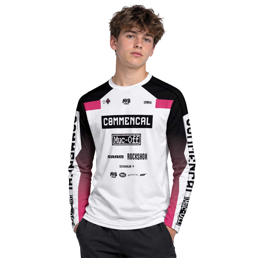 Commencal Muc-Off White Pink Downhill Youth Long Sleeve Mountain Bike Jersey – Boy Lifestyle View
