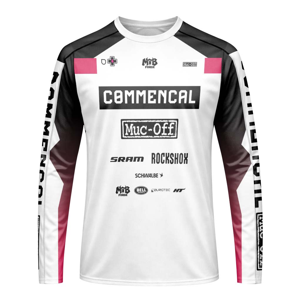 Commencal Muc-Off White Pink Downhill Youth Long Sleeve Mountain Bike Jersey – Front View Mockup