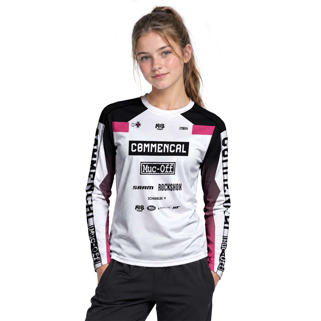 Commencal Muc-Off White Pink Downhill Youth Long Sleeve Mountain Bike Jersey – Girl Lifestyle View