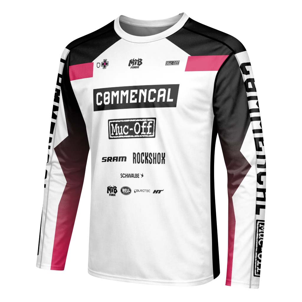 Commencal Muc-Off White Pink Downhill Youth Long Sleeve Mountain Bike Jersey – Left Side View Mockup