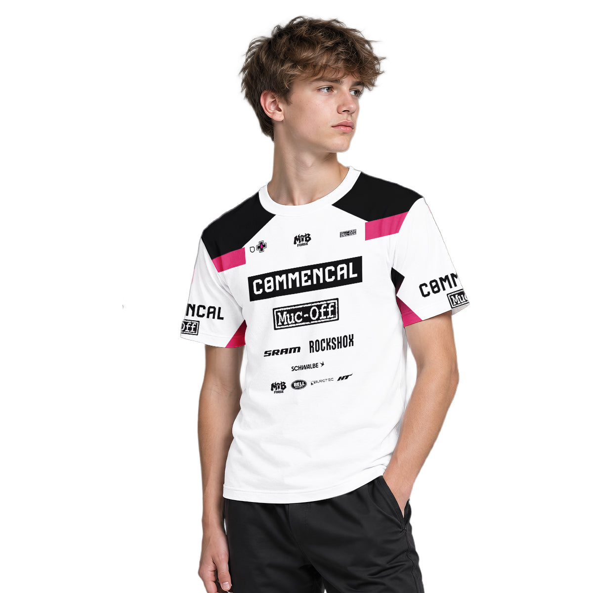 Commencal Muc-Off White Pink Downhill Youth Short Sleeve Mountain Bike Jersey – Boy Lifestyle View