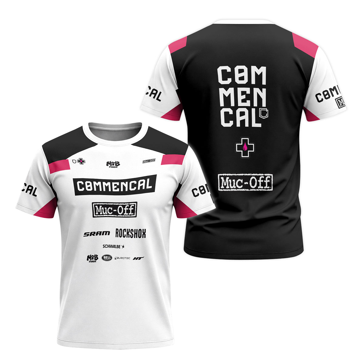 Commencal Muc-Off White Pink Downhill Youth Short Sleeve Mountain Bike Jersey – Front and Back View