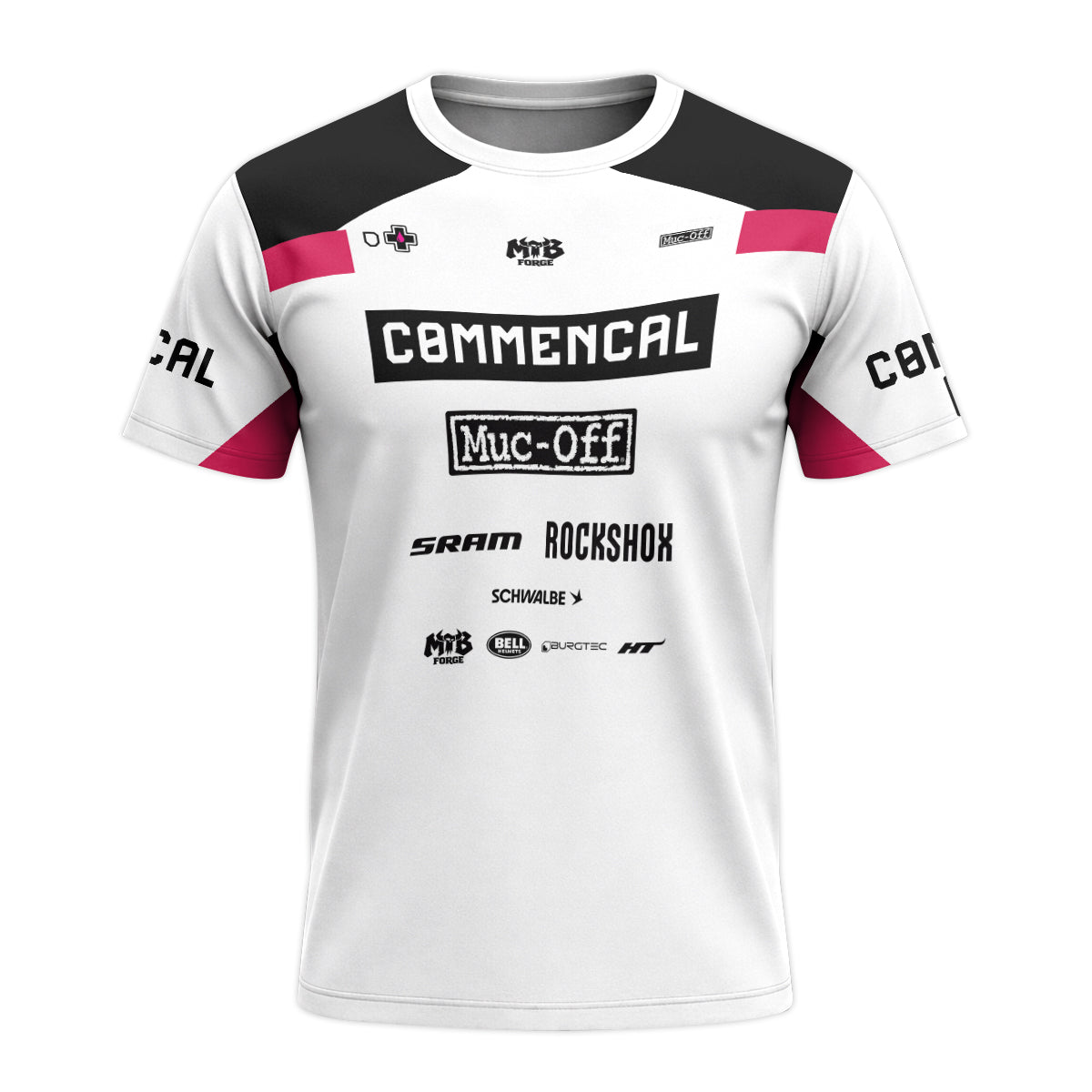 Commencal Muc-Off White Pink Downhill Youth Short Sleeve Mountain Bike Jersey – Front View Mockup