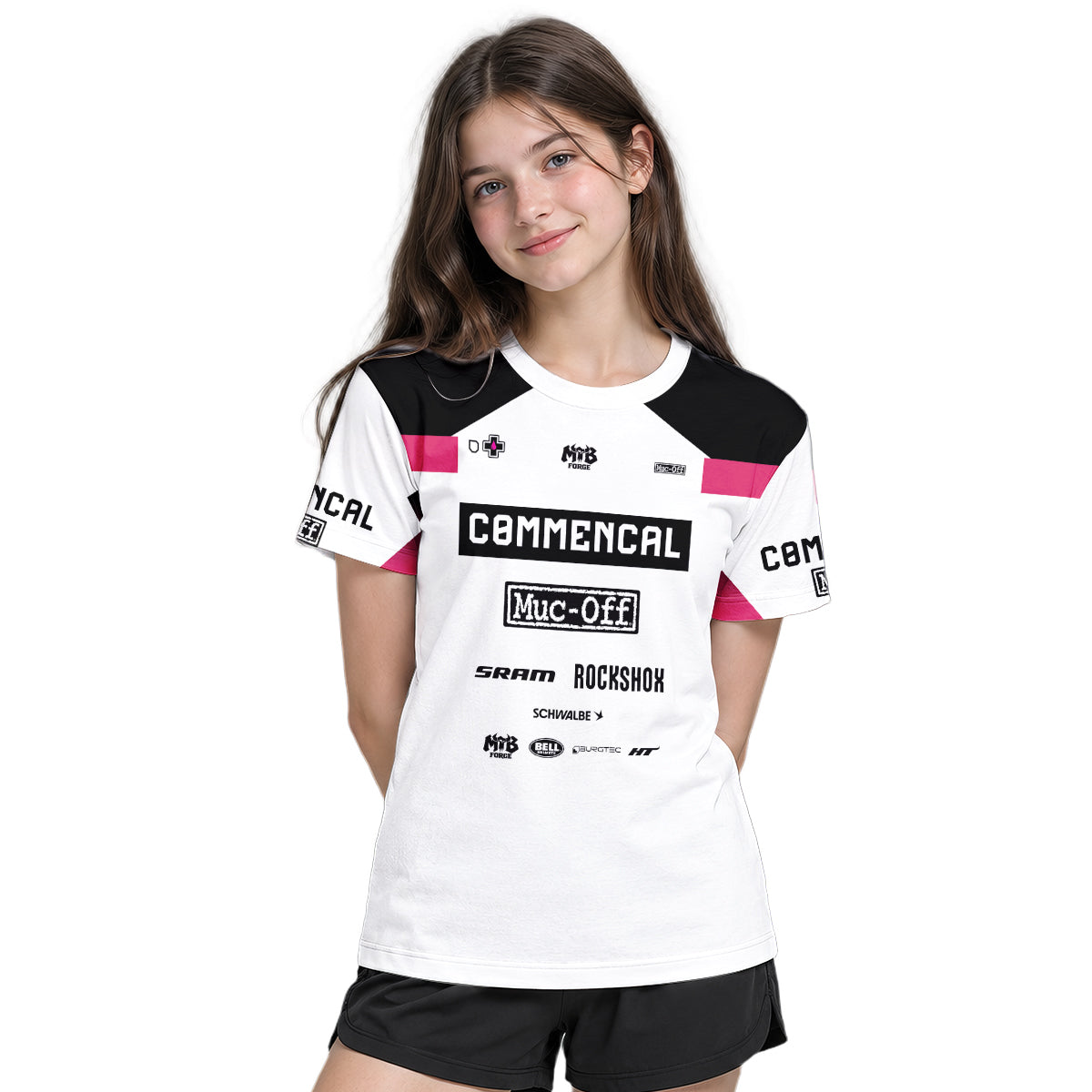 Commencal Muc-Off White Pink Downhill Youth Short Sleeve Mountain Bike Jersey – Girl Lifestyle View