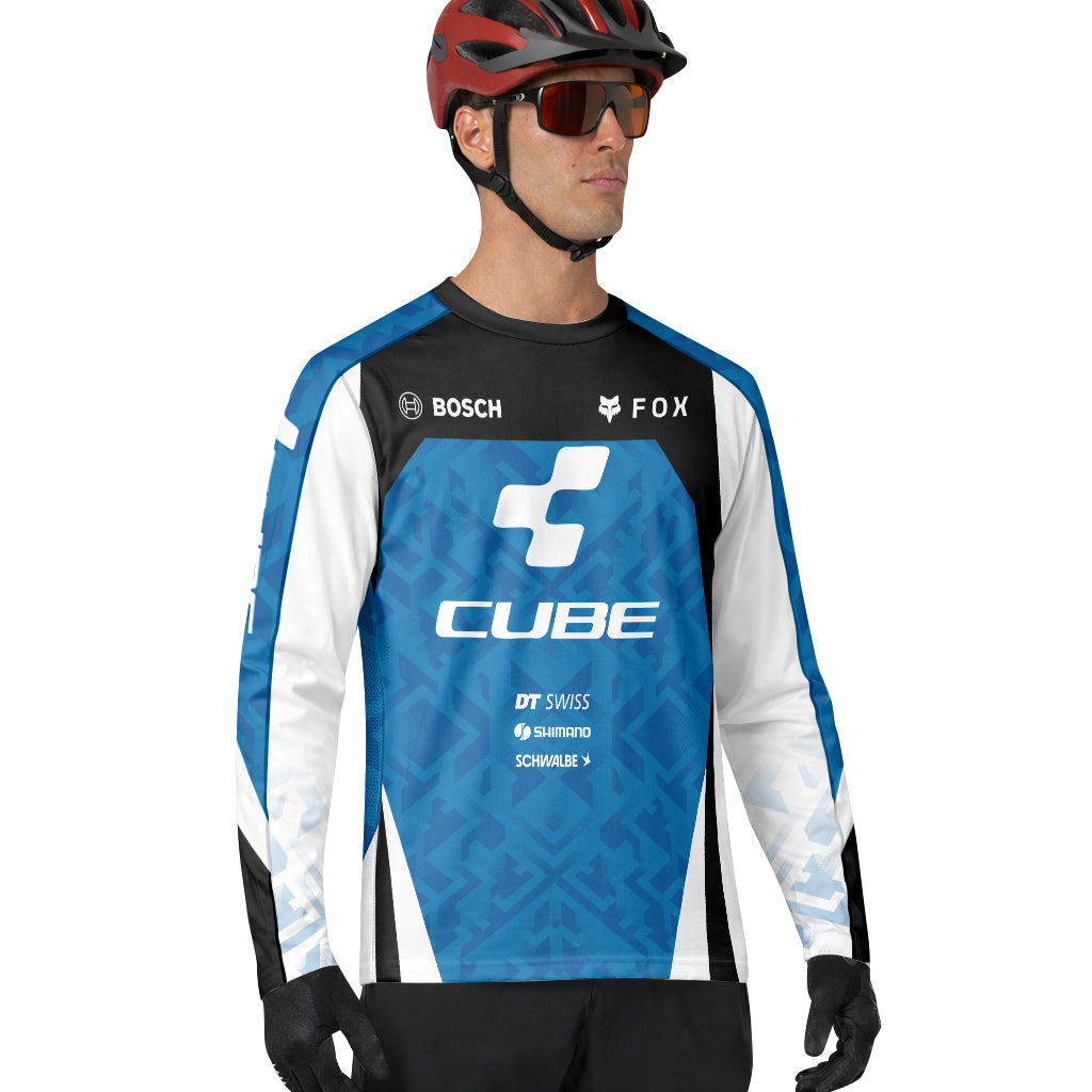 Cube Fox Blue Black Factory Long Sleeve Mountain Bike Jersey - lifestyle view