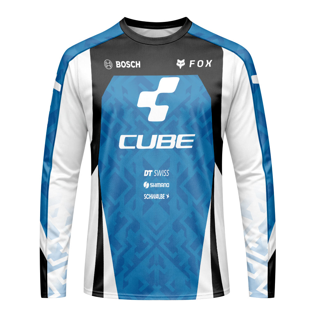 Cube Fox Blue Black Factory Long Sleeve Mountain Bike Jersey - front view mockup